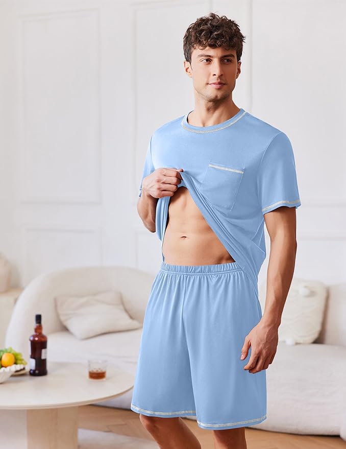 Ekouaer Men's Pajamas Set Casual Short Sleeve Shirts and Shorts Soft 2 Piece Loungewear With Pockets