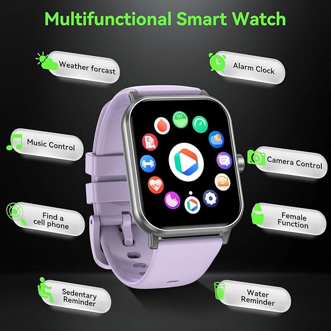 Smart Watch for Men Women, 1.85" HD Touchsreen Fitness Tracker, 120+ Sport Modes, 24/7 Heart Rate & Sleep Monitor, Pedometer, Calories, IP68 Waterproof, Fitness Watch for Android iPhone (Purple)