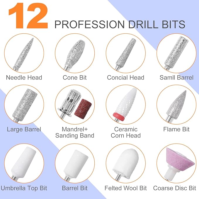 MEKK Nail Drill Kit,35000RPM Electric Nail Drill Professional Electric Nail File with 12PCS Bits,Anti-Shaking Cordless E Filer for Nails,Home & Salon(Orange Blue)