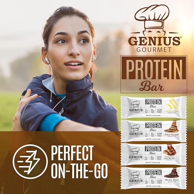 Genius Gourmet Protein Bar, Salted Caramel Keto Snack, Low Carb, Low Sugar & Gluten Free, Protein Snacks for Adults, 10G of Whey Protein per Protein Bar, 5 Net Carbs, 20 Count