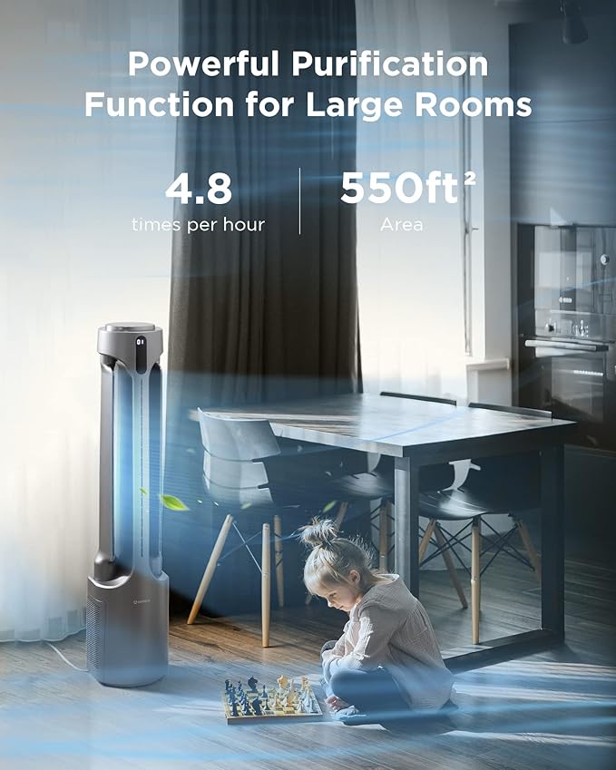 AIRMATE Air Purifier Bladeless Tower Fans, 1500CFM Large Air Volume, 45" 2-in-1 Standing Fan for Bedroom & Home, 28ft/s Velocity, 90° Oscillation, 15H Timer, Low Noise, Silver