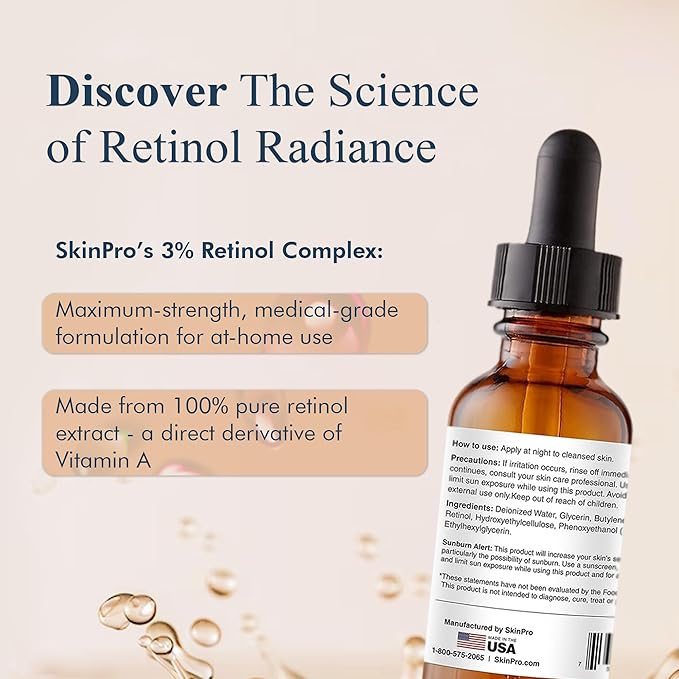 SkinPro Retinol Serum for Face - Anti Aging Face Serum for Dark Spots, Fine Lines and Wrinkles, 3% Retinol Complex Skin Renewing and Resurfacing Night with Hyaluronic Acid - 30 ml