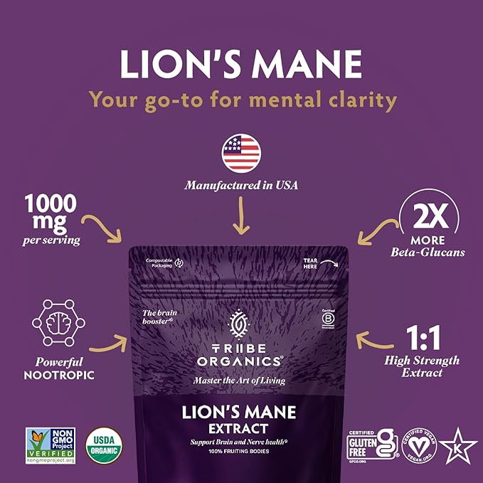 TRIBE ORGANICS Lion’s Mane Powder - Organic Mushroom Extract Powder - Immune System Booster & Brain Nootropic for Focus and Memory - Natural Energy and Immunity - 100g Pouch - 100 Servings