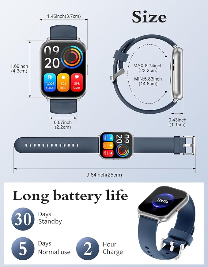 RUIMEN Smart Watches for Men Women (Answer/Make Calls, 2 Bands Included), 1.8" Smartwatch for iOS/Android Phones, Fitness Tracker Heart Rate/Sleep Monitor Digital Watch Waterproof Blue