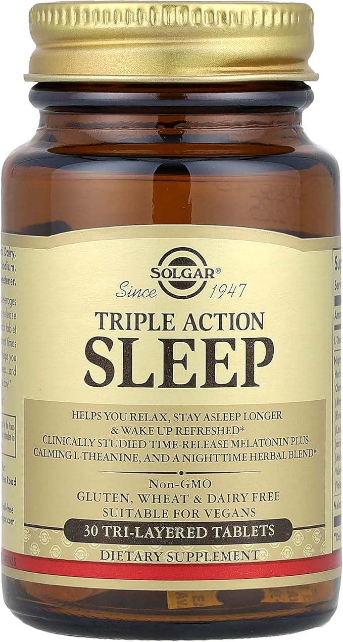 Solgar Triple Action Sleep, 30 Tri-Layer Tablets - Time-Release Melatonin & L-Theanine Plus Herbal Blend - Helps You Relax, Fall Asleep Fast & Stay Asleep Longer - Non-GMO, Gluten Free - 30 Servings