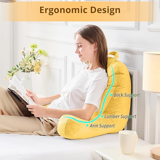 Sasttie Reading Pillow, Velvet Back Pillow for Bed Sitting Up, Adult Back-Rest Support Cushion with Arms for Sit Up on Couch, Sofa, and Floor, Dorm Essentials, Reading Accessories, Yellow