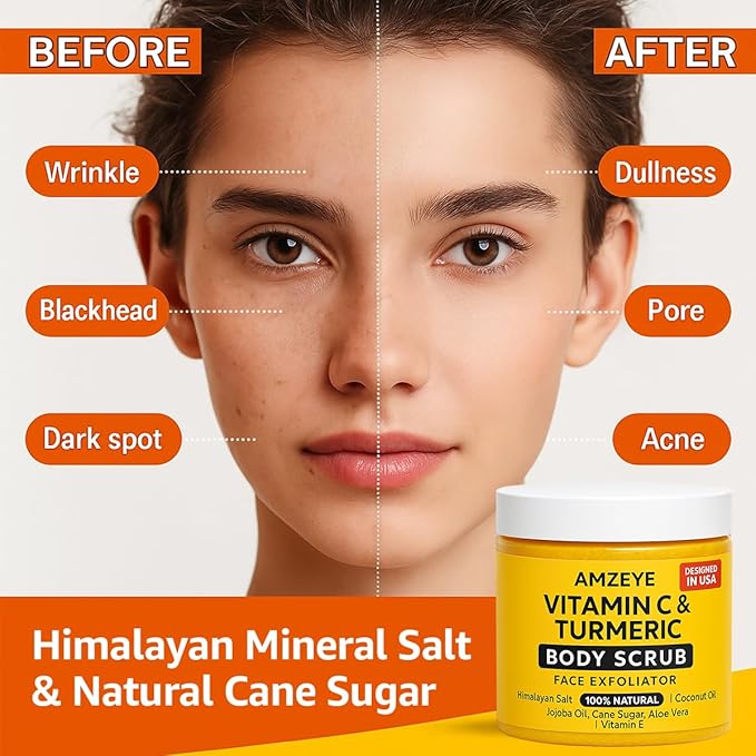 Vitamin C & Turmeric Body Scrub, Natural Face Exfoliator, Himalayan Salt with Coconut Oil, Jojoba Oil, Aloe Vera, Vitamin E, Cane Sugar