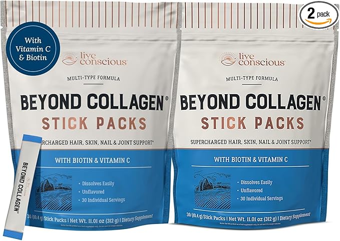 Live Conscious Beyond Collagen Peptides Powder Unflavored Packets-Hydrolyzed Collagen Powder-Hair Skin Nail & Joint Support- Multi Type Collagen Supplements for Women & Men 30 Pack (2pk)