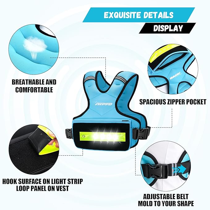 Adjustable Weighted Vest for Women Men, 6-15 Lbs Rucking Vest with LED Light Strips, Weight Vest with 6 Ironsand Weights, and Zipper Pocket for Strength Training, Walking, Running