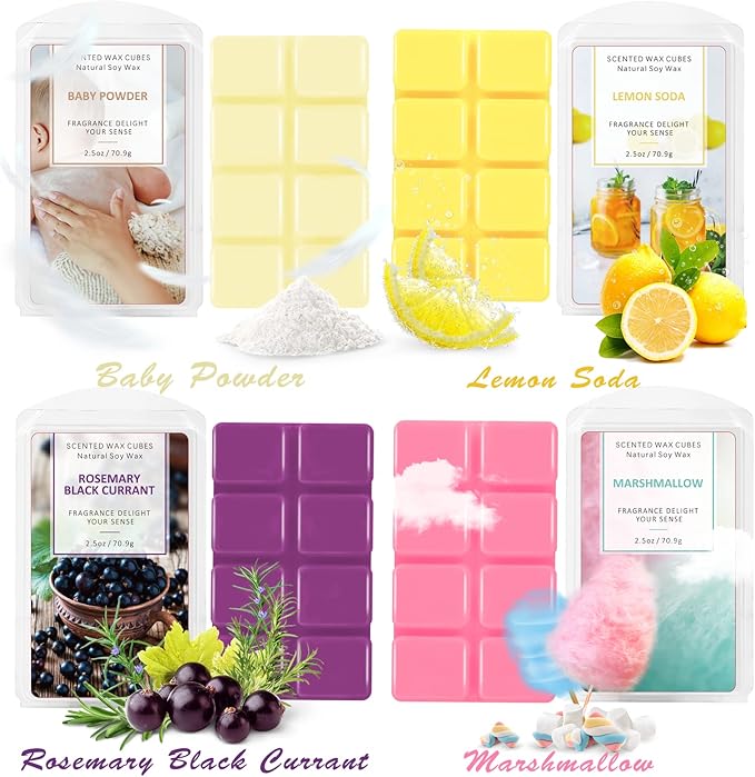 SCENTORINI Wax Melts, Scented Wax Melts for Wax Warmer Vanilla & Ice Cream, Lemon Soda, Marshmallow, Baby Powder, Rosemary & Black Currant, Passion Fruit, Chocolate, Peach Bellini 8 X 2.5 OZ