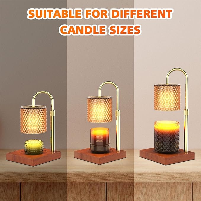 RAINBEAN Candle Warmer Lamp, Adjustable Height Electric Candle Warmer Light with Timer and Dimmer Vintage Wax Melter for Jar Candles Home Decor Gifts (Amber Glass and Walnut Wood)
