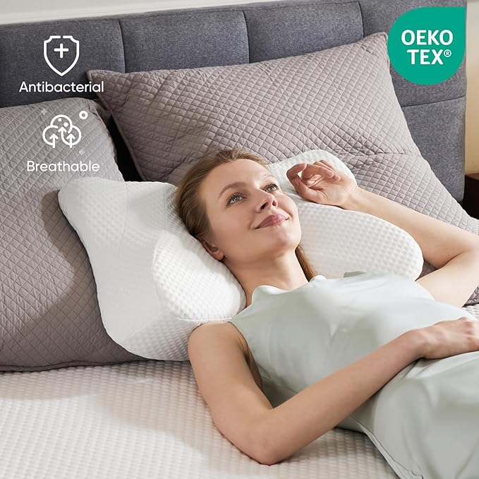 DUMOS Cervical Neck Pillow Set of 2, Memory Foam Contour Pillow with Arm Rest Slot and Soft Breathable Pillowcase, Ergonomic Dual-Height Orthopedic Support for Side, Back, and Stomach Sleepers, White