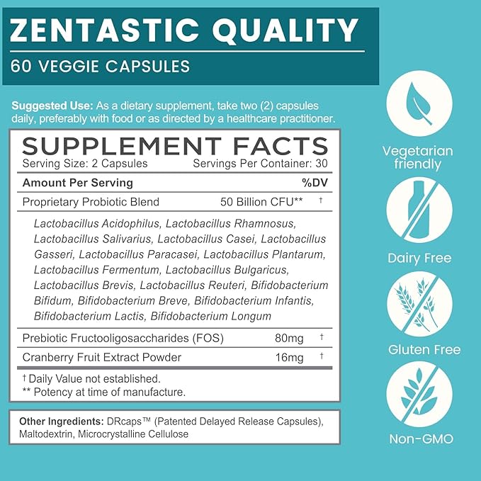 Zentastic Probiotics & Prebiotics Supplement - 50 Billion CFU - for Men & Women’s Immune & Digestive Health - 16 Strains - Shelf Stable - 120 Delayed Release Veggie Capsules