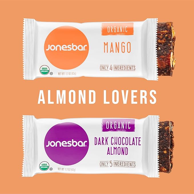 JONESBAR (Almond Lovers, 24 Bars (2 Boxes)) USDA Organic Fruit & Nut Bar, Non-GMO, Kosher, Vegan, Gluten Free, Simple Snack Bar