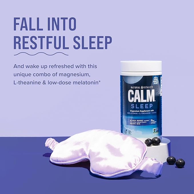 Natural Vitality Calm Sleep, Melatonin & Magnesium Citrate, Sleep Aid Drink Mix, GABA, Aid, Vegan, Gluten Free Non-GMO, Mixed Berry, 16 Oz