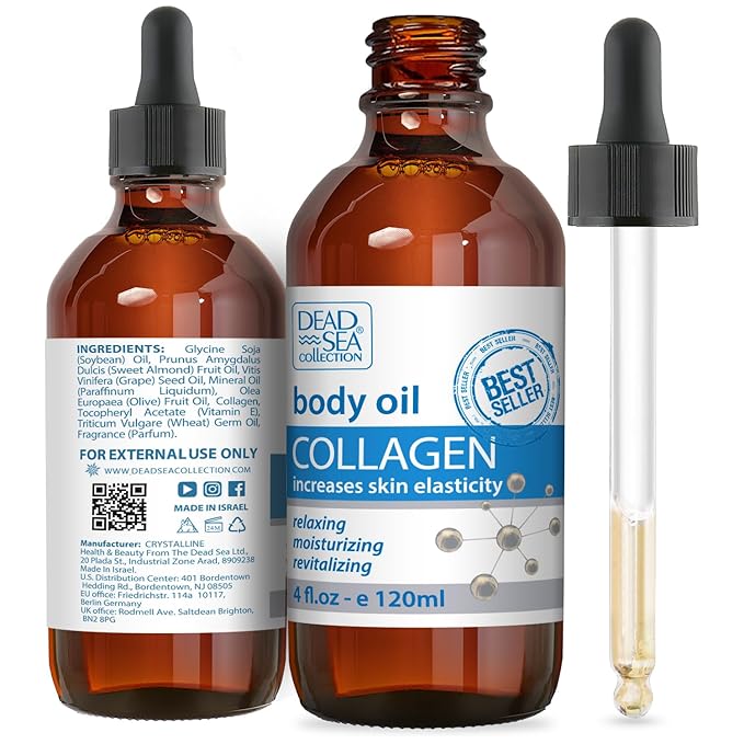 Dead Sea Collection Body Oil for Dry Skin - Collagen & Vitamin E - Moisturizing & Nourishing, Anti-Aging & Skin Elasticity Support for Face (4 Fl. Oz Each)