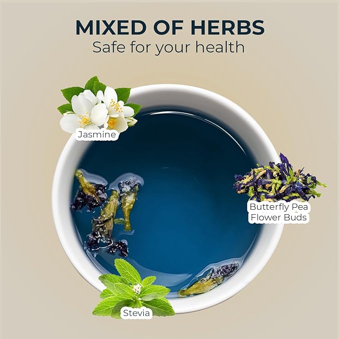 Butterfly Pea Flower Tea Samplers with Jasmine & Stevia - 15 Count, Mini Tea Bags, Bamboo Tong Included, No Sugar Added, Re-Steep Natural Herbal Tea Blend for Skin,Support