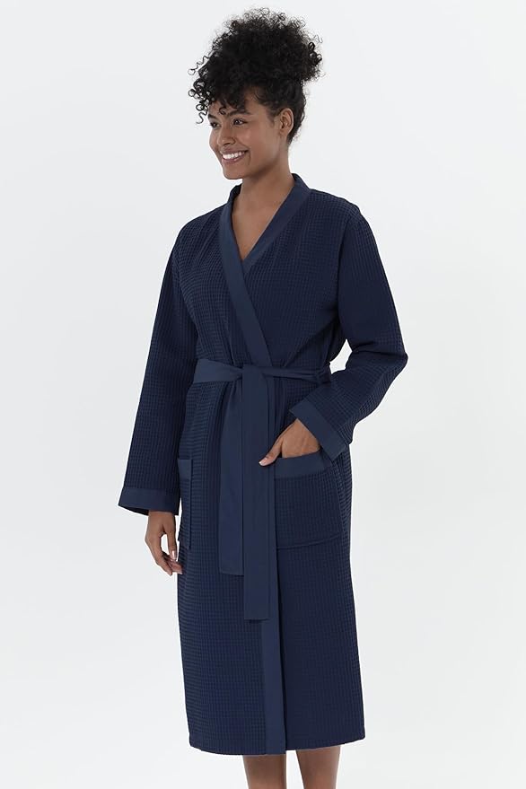 SEYANTE Womenโs Luxury Waffle Shawl Collar, Hooded Robe w Piping โ Lightweight, Long, Ultra Soft Spa Sleepwear Bathrobe