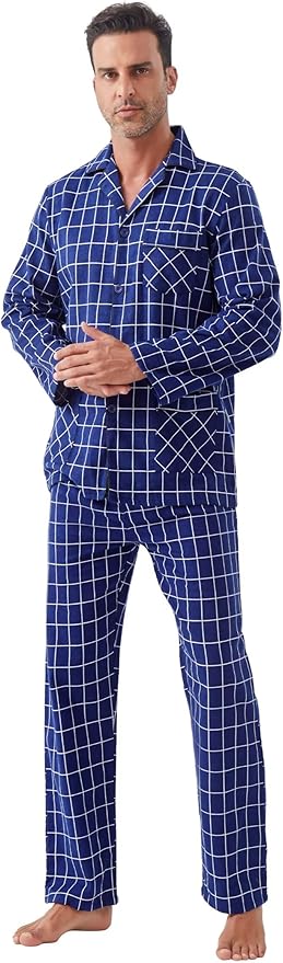 GLOBAL Men's Pajamas Sets 100% Cotton Flannel Sleepwear Long-Sleeve top & Bottom