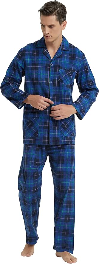 GLOBAL Men's Pajamas Sets 100% Cotton Flannel Sleepwear Long-Sleeve top & Bottom