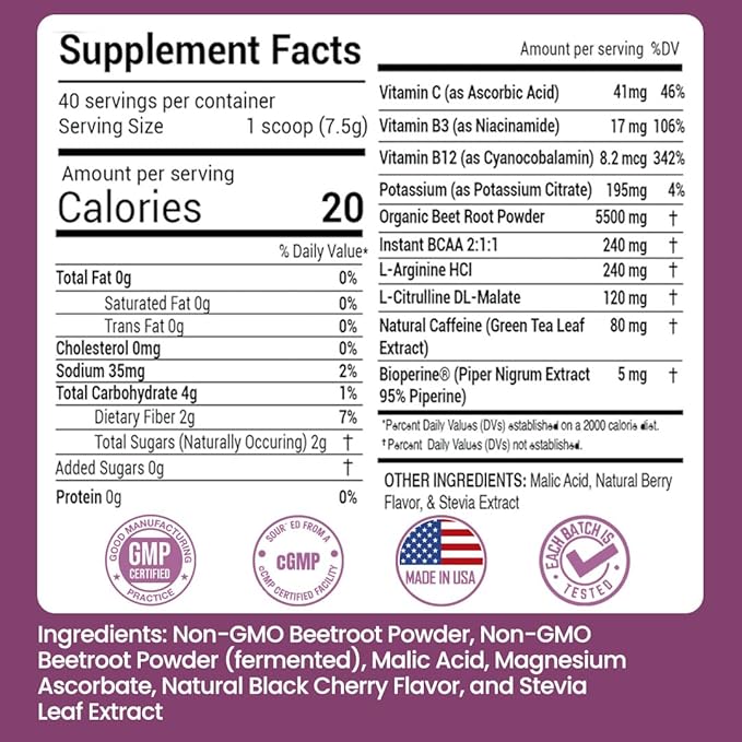 Superfood Beets Powder, 21.2oz 80 Servings - Beetroot Powder Organic Beet Root Blend with Green Tea & Berry Flavor, Non-GMO, Plant-Based Drink Mix