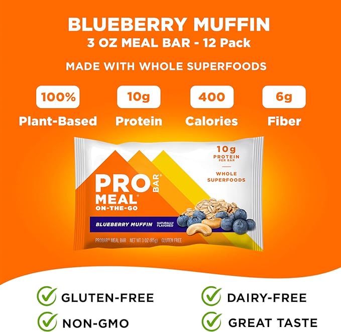 PROBAR - MEAL Bar, Blueberry Muffin, Non-GMO, Gluten-Free, Healthy, Plant-Based, Whole-Food Ingredients, Natural Energy (12 Count)