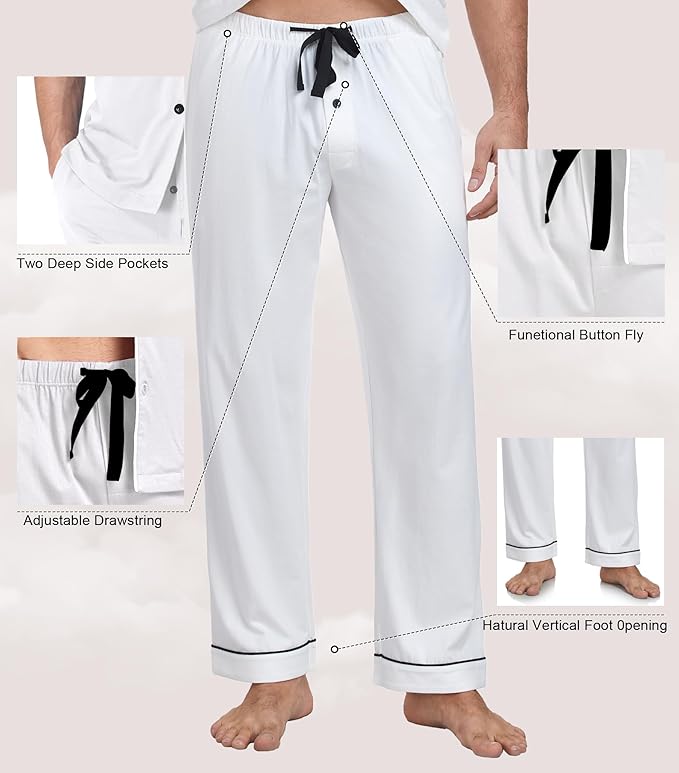 COLORFULLEAF Men's 100% Cotton Pajamas Set Button Down Sleepwear Short Sleeve and Long Pants Pjs