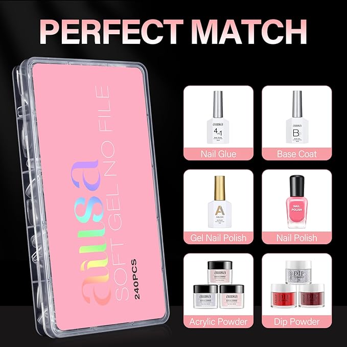 AILLSA Short Square Nail Tips, Fake Thickened Half Matte Nails Tips, Pre-shaped Press on False Nail Tip for Nail Salon 240PCS 15 Sizes with Storage Box