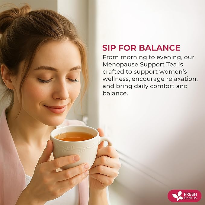 FreshDrinkUS, 40 Tea Bags - Menopause Support Herbal Tea โ Soothing Blend with Rhubarb, Hibiscus, Valerian, Passiflora, Ashwagandha, Fennel & Chamomile, Caffeine-Free, Vegan, Non-GMO