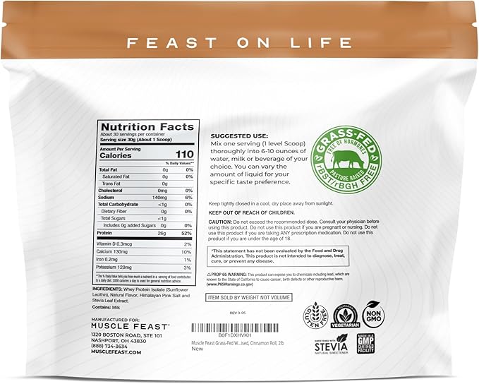 Muscle Feast Grass-Fed Whey Protein Isolate, All Natural Hormone Free Pasture Raised, Whey Isolate Protein Powder for Men and Women, Clean, Gluten-Free, Delicious Isolate Protein - Cinnamon Roll, 2lb