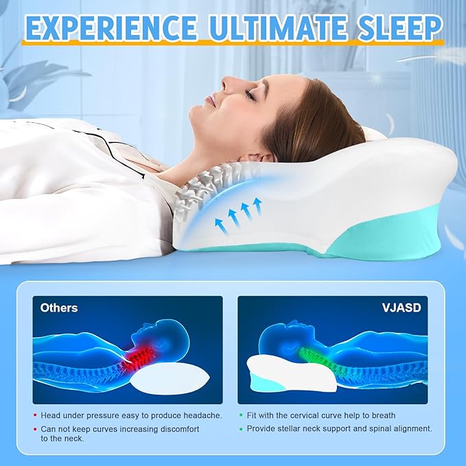 Cervical Neck Pillows with Memory Foam - Ergonomic Neck Support Pillows for Pain Relief Contour Memory Foam - Adjustable Orthopedic Bed Pillows with Cooling Pillowcase for Sleeping - Green