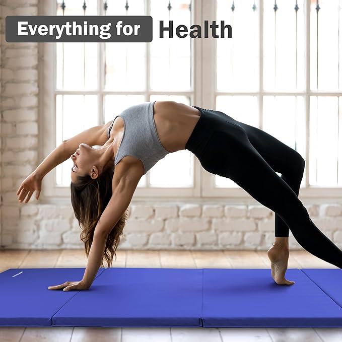Folding Exercise Gymnastics Mat, 4'x8'x2" Gym Workout Mat with Carrying Handles 4-Fold High-Density Anti-Tear Portable Fitness Aerobics Mat for Home Gym Yoga Pilates Tumbling MMA Core Training