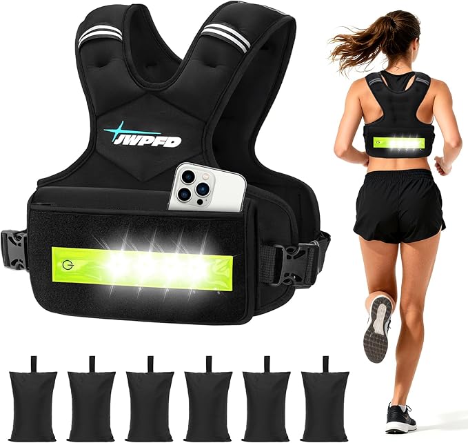 Adjustable Weighted Vest for Women Men, 6-15 Lbs Rucking Vest with LED Light Strips, Weight Vest with 6 Ironsand Weights, and Zipper Pocket for Strength Training, Walking, Running