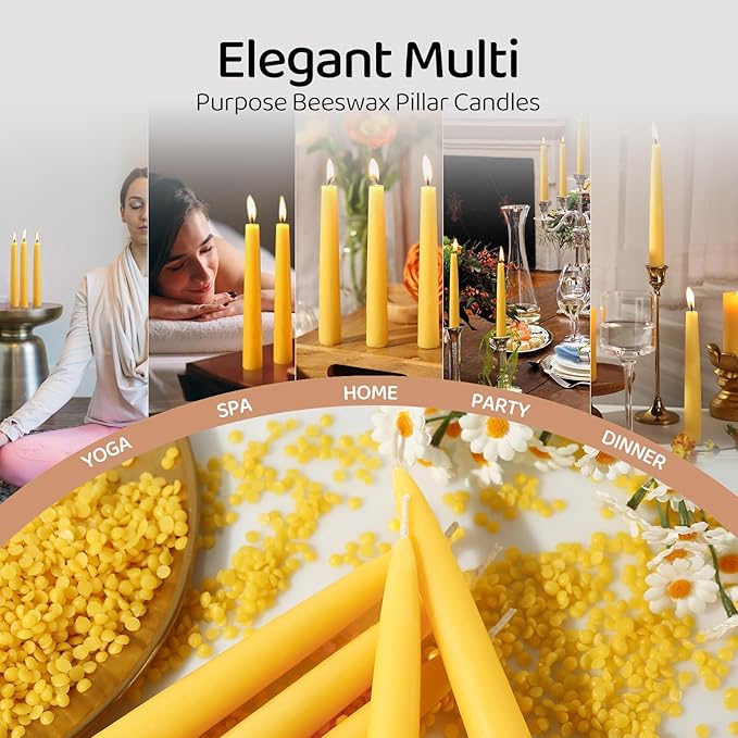 Beeswax Taper Candles,8in Pure Beeswax Candles Bluk-6 Pcs,8 Hours Long Burning Bees Wax Candle for Home,Dripless Smokeless Taper Candle Sticks for Prayer,Party,Unscented Natural Taperd Candles