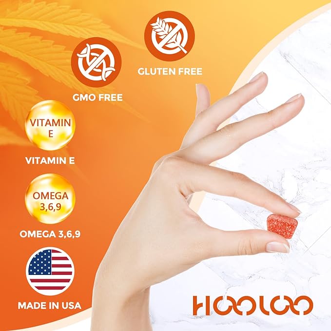 HOOLOO Hemp Gummies Extra Strength for Adults - 6 Fruity Flavors Infused Vitamins, Omega 3, Chewable Gummy for Deep Bedtimes, Focus, Unwind, Pack of 4, Made in USA