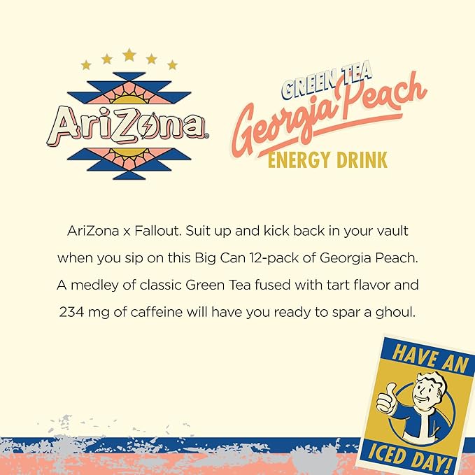 AriZona x Fallout Georgia Peach Green Tea Energy Drink, 12 pack 22 fl oz - 234mg Natural Caffeine per Can