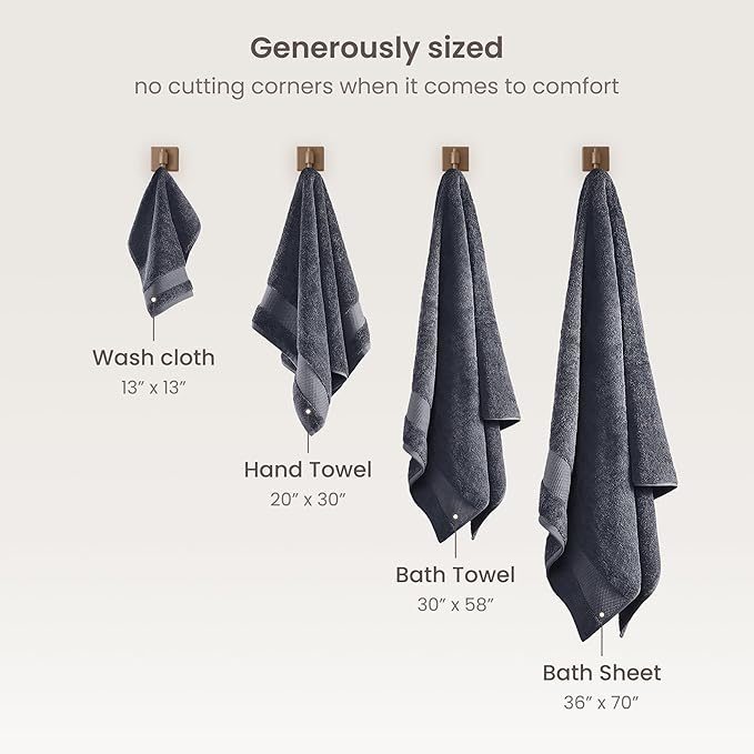 BIOWEAVES 100% Organic Cotton Bath Towel Set | 700 GSM Plush 7-Piece Premium Towel Set GOTS Certified, 2 Bath Towels, 2 Hand Towels & 2 Washcloths, 1 Bath Mat - Charcoal