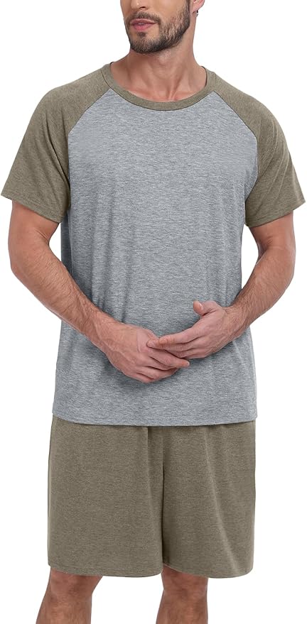 Mens Pajama Set Summer Pjs Sleepwear Lightweight Short Sleeve Pjs Soft Comfy Sleep Set With Pocket