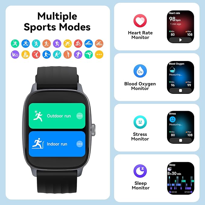 EURANS Smart Watch No App/Phone Required, 1.85" Ultra HD Display, Waterproof Fitness Tracker, 24/7 Heart Rate/Sleep Monitor, Step Counter for Walking, Pedometer & Activity Tracker for Women Men