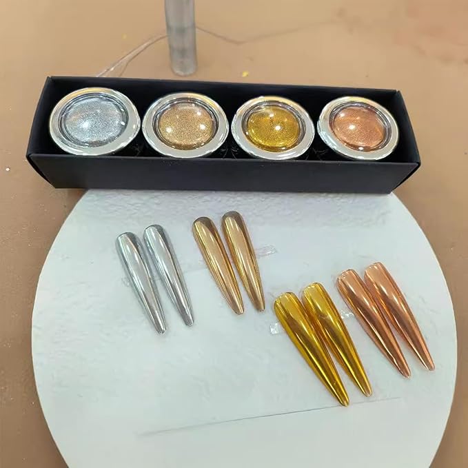 Chrome Nail Powder Gold Silver Champagne Copper 4 Colors Mirror Effect Metallic Chrome Powder for Nails, GZMAYUEN Metallic Nail Powder for Women Girls Gifts
