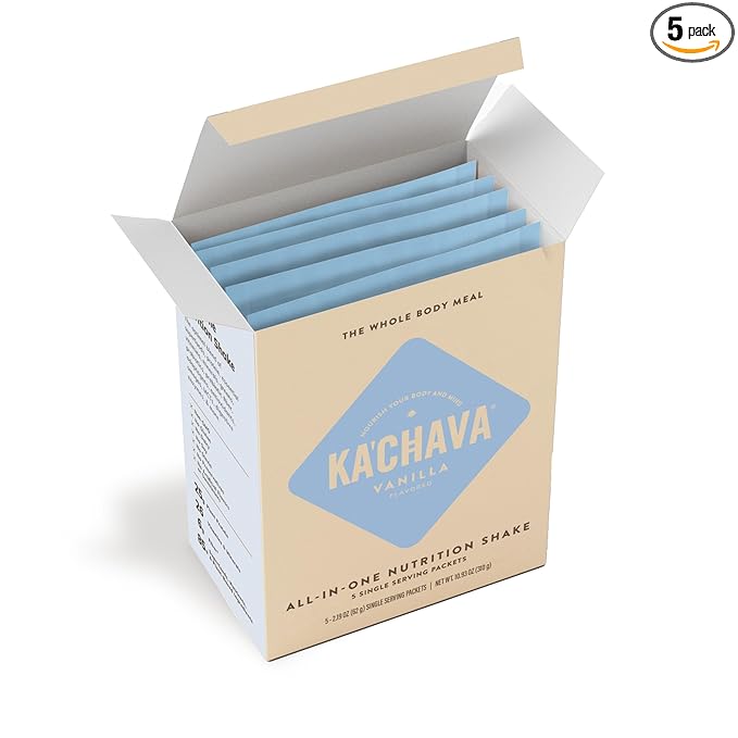 Ka’Chava Whole Body Meal Shake Vanilla, 5-Count Travel Size Sachets – Vegan Protein Powder with 85+ Superfoods – Plant-Based Meal Replacement with Probiotics & Digestive Enzymes – Gluten & Dairy Free