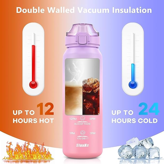 316 Stainless Steel Insulated Water Bottle 32oz with Handle, 1L Double Wall Insulated Bottle with Time Marker BPA Free, 1000ml Metal Water Flask for Outdoor Working School PURPLE PINK