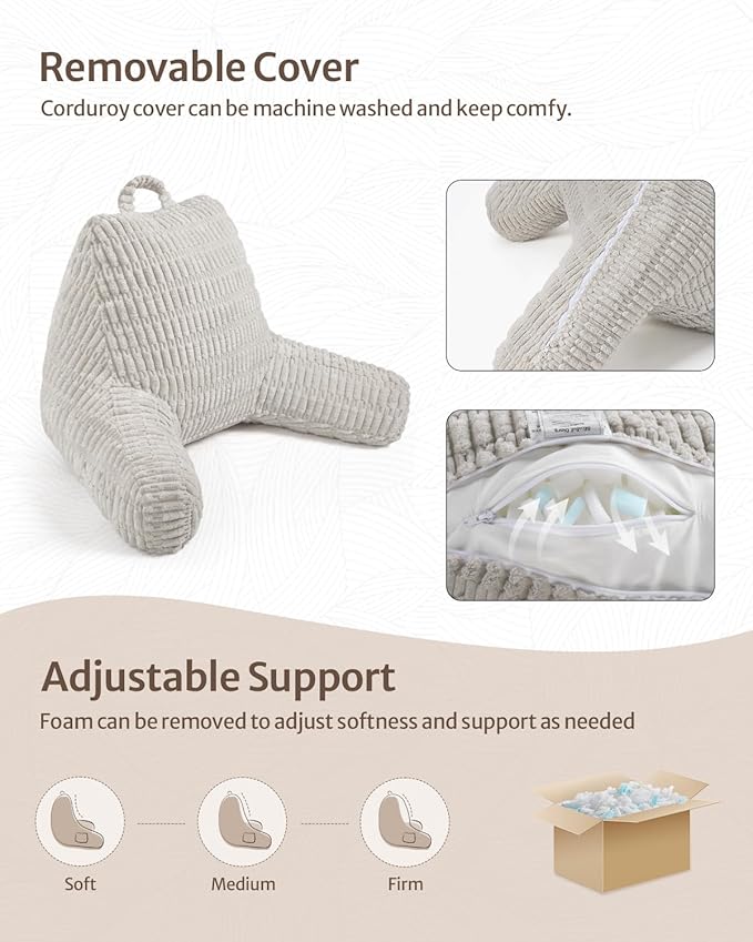 Blissful Diary Reading Pillow, Backrest Pillow with Shredded Memory Foam for Adult & Children, Designed for Bed and Couch Sitting Up, Includes Arms, Pockets and Washable Cover, Light Gray
