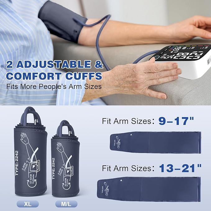 Blood Pressure Monitor, Automatic Digital Blood Pressure Machine with Adjustable Two Large Cuff 9-17 Inches and 13-21 Inches - LED Backlit Screen, Store 3 x 199 Readings Suitable for Home Use