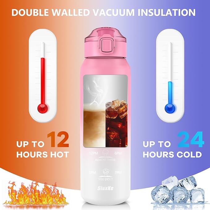 32oz Insulated water bottle with 2 Lids (Straw and Chug Lid), 18/10 Stainless Steel Water Bottle BPA Free, Double Wall Vacuum Wide Mouth Insulated Water Bottle for Men, Women & Kids PINK WHITE