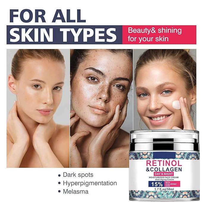 Retinol Cream for Face with 15% Hyaluronic Acid, Collagen Face Moisturizer, Day & Night Anti-Aging Cream for Women and Men Reduce Wrinkles & Fine Lines, All Skin Types 1.7 Fl Oz