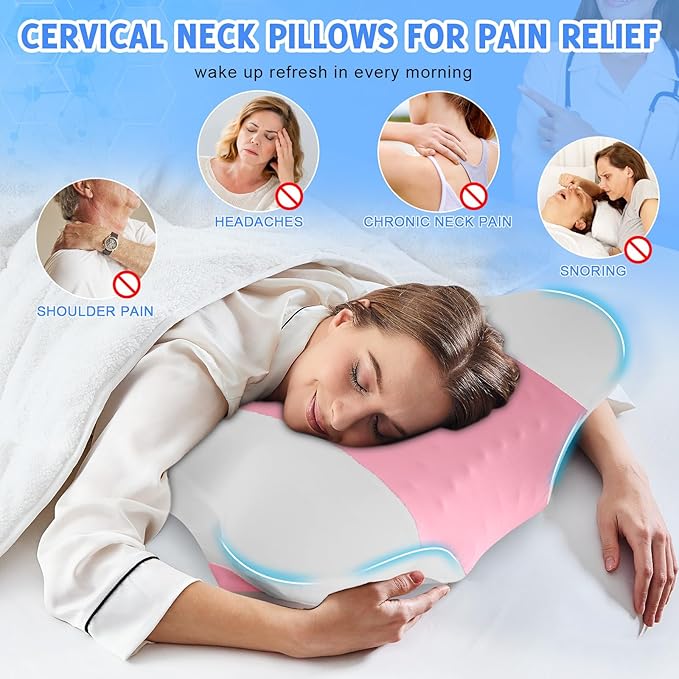 Cervical Neck Pillows with Memory Foam - Ergonomic Neck Support Pillows for Pain Relief Contour Memory Foam - Adjustable Orthopedic Bed Pillows with Cooling Pillowcase for Sleeping - Pink