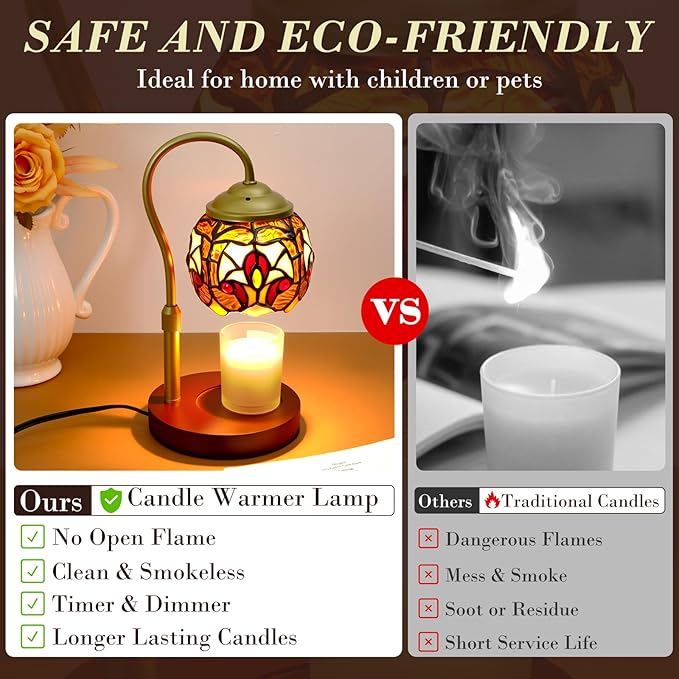 Candle Warmer Lamp with Timer Dimmer, Adjustable Height Candle Warmer for Jar Candles, Birthday Gifts for Women New Home Bedroom Decor Tiffany Baroque Style Stained Glass with 2 Bulbs