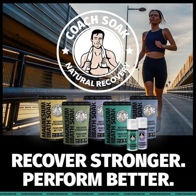 Coach Soak Recovery Bath Soak - Alternative to Epsom Salt Bath Soak - Fast-Absorbing Pure Magnesium Flakes with 21 Minerals, Bath Salts & Essential Oils - 48 oz, Cooling Peppermint