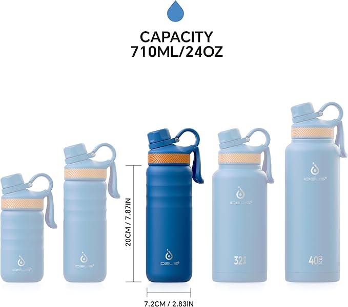 IDEUS Insulated Stainless Steel Water Bottle with 2 Leak-Proof Lids, Thermal Water Flask for Hiking Biking, 24oz, Bright Blue